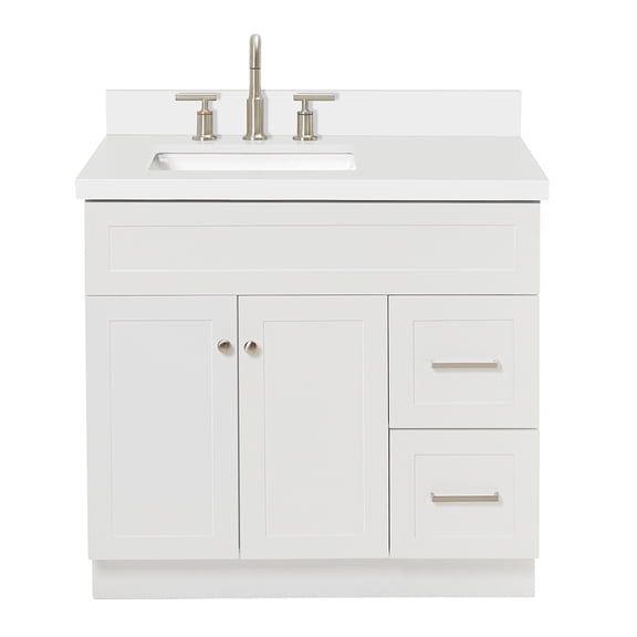 DKB Bradford 36-Inch White Bathroom Vanity with Left Rectangular Sink, 1.5-Inch Pure White Quartz Countertop & Backsplash, 2 Soft-Closing Doors, 2 Dovetail Drawers, Toe Kick, Brushed Nickel