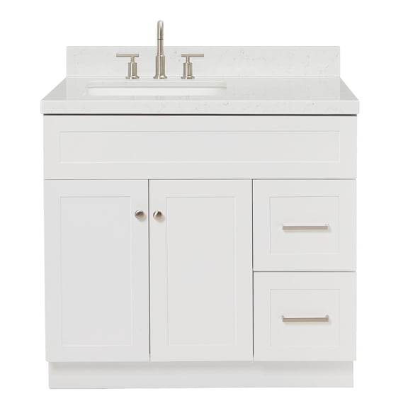 DKB Bradford 36" White Single Bathroom Vanity with Rectangular Undermount Sink, 1.5" Carrara Quartz Countertop, 2 Soft-Closing Doors, 2 Dovetail Drawers