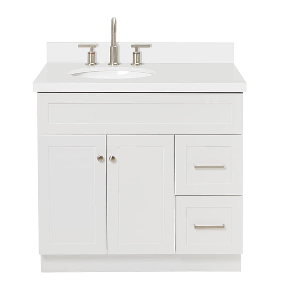DKB Bradford 37-Inch White Single Bathroom Vanity with 1.5-Inch Pure White Quartz Top & Backsplash, Left Offset Oval Sink, 2 Soft Closing Doors, 2 Full Extension Drawers, Toe Kick, Brushed Nickel