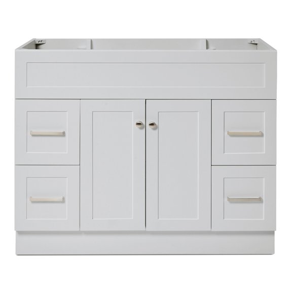 DKB Bradford 42-Inch Grey Single Bathroom Vanity Base Cabinet, Solid Wood Frame, 2 Soft Closing Doors, 4 Dovetail Drawers, Built-in Toe Kick, Brushed Nickel Hardware