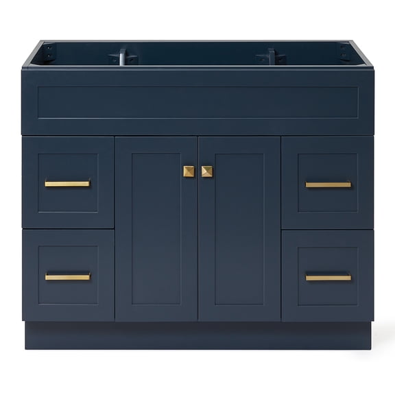 DKB Bradford 42-Inch Midnight Blue Single Bathroom Vanity Base Cabinet, Solid Wood Frame, 2 Soft-Closing Doors, 4 Dovetail Drawers, Built-in Toe Kick, Brushed Nickel Hardware
