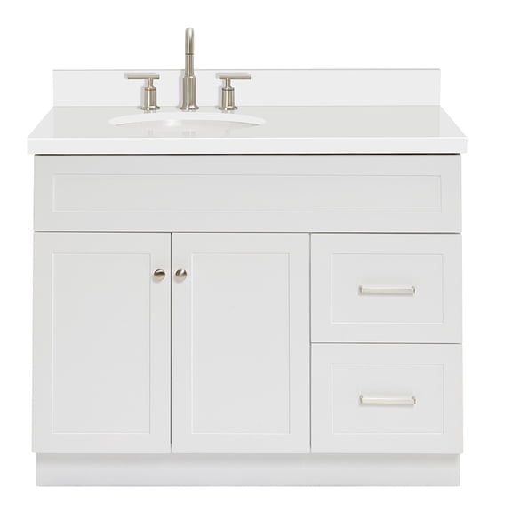 DKB Bradford 43-Inch White Bathroom Vanity with Sink, 1.5-Inch Edge Pure White Quartz Countertop, Left Offset Oval Sink, 2 Soft Closing Doors & 2 Full Extension Drawers, Toe Kick, Brushed Nickel