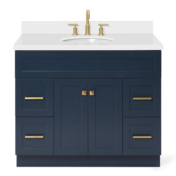 DKB Bradford 43" Midnight Blue Single Bathroom Vanity with Sink, 1.5" Pure White Quartz Countertop, Solid Wood, Oval Sink, 2 Soft Closing Doors, 4 Dovetail Drawers