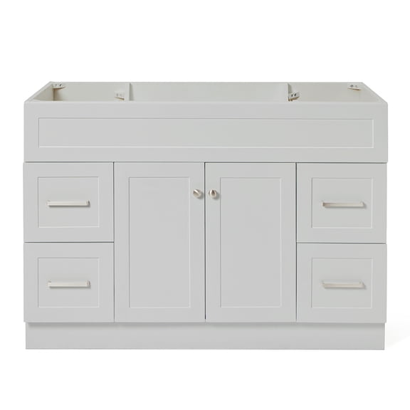 DKB Bradford 48-Inch Grey Single Bathroom Vanity Base Cabinet, Solid Wood Frame, 2 Soft Closing Doors, 4 Dovetail Drawers, Toe Kick, Brushed Nickel Hardware