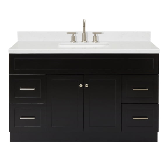 DKB Bradford 54" Black Bathroom Vanity with 1.5" Carrara Quartz Countertop, Rectangular Undermount Sink, 2 Soft-Closing Doors, 4 Dovetail Drawers