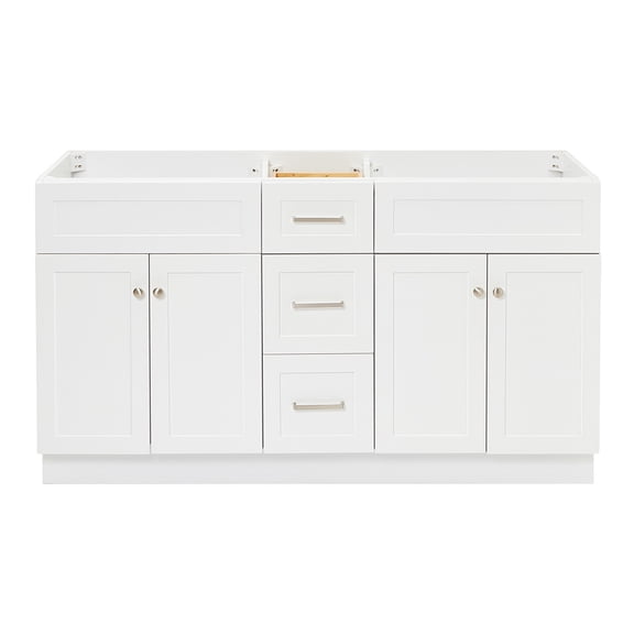 DKB Bradford 60-Inch White Double Bathroom Vanity Base Cabinet, Solid Wood Frame, 3 Dovetail Drawers, 2 Soft Closing Doors & Shelves, Built-in Toe Kick, Brushed Nickel Hardware