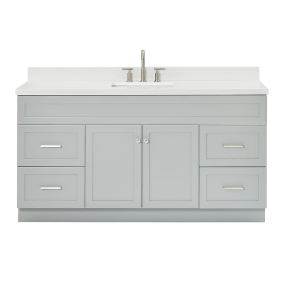 DKB Bradford 66" Grey Single Bathroom Vanity with Sink, 1.5" Pure White Quartz Countertop, Rectangular Undermount Sink, 2 Soft Closing Doors, 4 Dovetail Drawers, Brushed Nickel