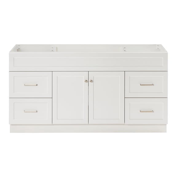 DKB Bradford 66-Inch White Bathroom Vanity Base Cabinet, Single Sink, Solid Wood Frame, 2 Soft Closing Doors, 4 Dovetail Drawers, Toe Kick, Enclosed Shelves, Brushed Nickel Hardware
