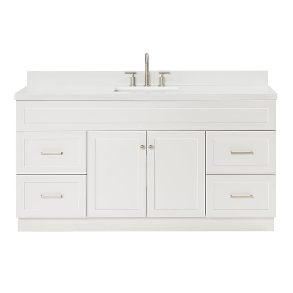 DKB Bradford 66-Inch White Single Bathroom Vanity with Sink, Pure White Quartz Countertop & Backsplash, Rectangular Undermount Sink, 2 Soft Closing Doors, 4 Dovetail Drawers, Toe Kick, Brushed Nickel
