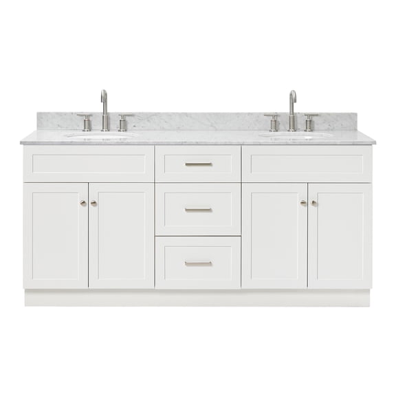 DKB Bradford 73" White Double Bathroom Vanity with Italian Carrara Marble Countertop, Oval Undermount Sinks, 4 Soft Closing Doors, 3 Full Extension Dovetail Drawers, Brushed Nickel
