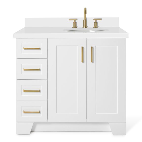 DKB Emilia 37-Inch White Bathroom Vanity with 1.5-Inch Edge Pure White Quartz Countertop & 4" Backsplash, Right Oval Sink, 2 Soft Closing Doors, 5 Dovetail Drawers, Toe Kick, Matte Black Hardware