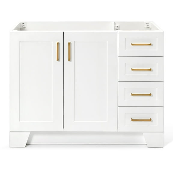 DKB Emilia 42-Inch White Bathroom Vanity Base Cabinet, Left Offset Sink, 2 Soft Closing Doors, 5 Dovetail Drawers, Toe Kick, Satin Brass, Solid Wood Construction