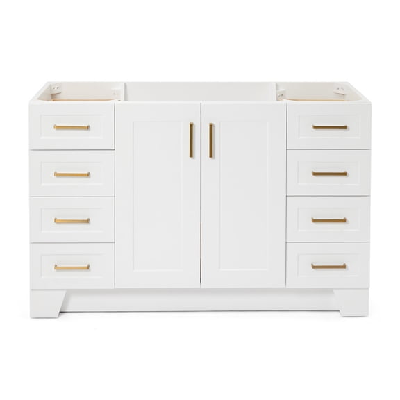 DKB Emilia 54-Inch White Single Bathroom Vanity Base, Solid Hardwood Frame, 2 Soft Closing Doors, 9 Full Extension Dovetail Drawers, Toe Kick, Satin Brass Hardware