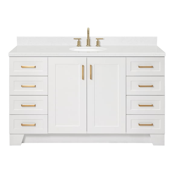 DKB Emilia 60-Inch White Bathroom Vanity with Sink, 1.5-Inch Carrara Quartz Countertop & 4-Inch Splash, Oval Undermount Sink, 2 Soft Close Doors, 9 Dovetail Drawers, Toe Kick, Satin Brass Hardware