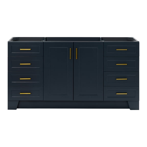 DKB Emilia 66-Inch Midnight Blue Bathroom Vanity Base Cabinet, Single Sink, Solid Wood Frame, 2 Soft Closing Doors, 9 Dovetail Drawers, Toe Kick, Satin Brass Hardware