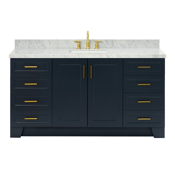 DKB Emilia 66" Midnight Blue Bathroom Vanity with Sink, 1.5" Edge Italian Carrara Marble Countertop, Rectangular Sink, 2 Soft Closing Doors, 9 Dovetail Drawers, Satin Brass