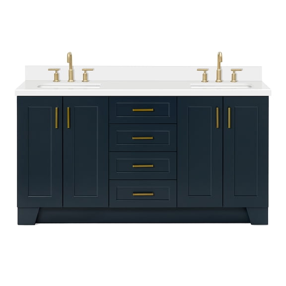 DKB Emilia 66" Midnight Blue Double Bathroom Vanity with Sink, 1.5" Edge Pure White Quartz Countertop, Rectangular Undermount Sinks, 4 Soft Closing Doors, 6 Full Extension Dovetail Drawers