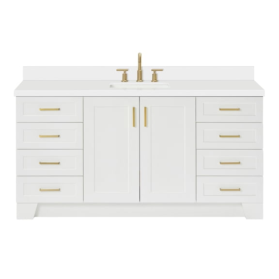 DKB Emilia 66" White Single Bathroom Vanity with Sink, 1.5" Edge Pure White Quartz Countertop & 4" Splash, Rectangular Undermount Sink, 2 Soft Closing Doors, 9 Dovetail Drawers