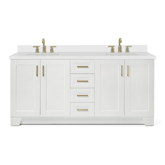 DKB Emilia 72 Inch Bathroom Vanity Double Sink — White Bathroom Vanity with Sink, 1.5" Edge Pure White Quartz Countertop & Backsplash, 4 Soft-Close Doors, and 6 Dovetail Drawers