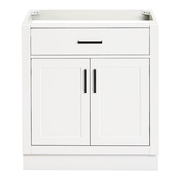 DKB Isabella 30-Inch White Single Bathroom Vanity Base Cabinet, Solid Wood Frame, Matte Black Hardware, 2 Soft-Closing Doors, 1 Dovetail Drawer, Toe Kick