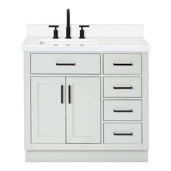 DKB Isabella 36" Grey Bathroom Vanity with Sink, 1.5" Pure White Quartz Countertop, Offset Rectangular Sink, 2 Soft Closing Doors, 5 Full Extension Dovetail Drawers