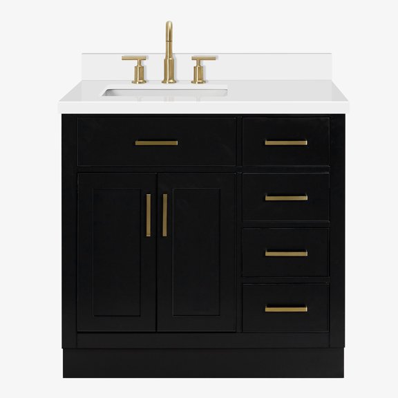 DKB Isabella 36-Inch Black Bathroom Vanity with Left Offset Rectangle Sink, 1.5" Pure White Quartz Countertop & 4" Backsplash, Solid Wood Frame, Soft-Close Drawer