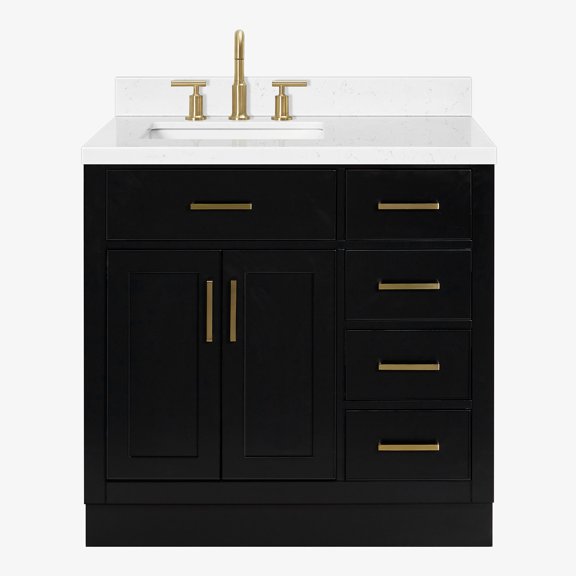 DKB Isabella 36-Inch Black Bathroom Vanity with Left Offset Rectangle Sink, Carrara White Quartz 1.5-Inch Mitered Countertop & 4-Inch Backsplash, Solid Wood Frame, Soft-Close Drawers