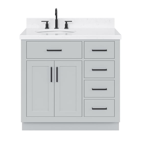 DKB Isabella 36-Inch Grey Bathroom Vanity with Left Oval Sink, 1.5-Inch Carrara Quartz Countertop & Backsplash, 2 Soft Closing Doors, 5 Dovetail Drawers, Toe Kick, Matte Black Hardware
