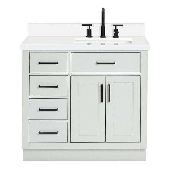 DKB Isabella 36-Inch Grey Bathroom Vanity with Sink, 1.5" Pure White Quartz Countertop & Backsplash, Right Rectangular Undermount Sink, 2 Soft-Closing Doors, 5 Dovetail Drawers, Matte Black Hardware