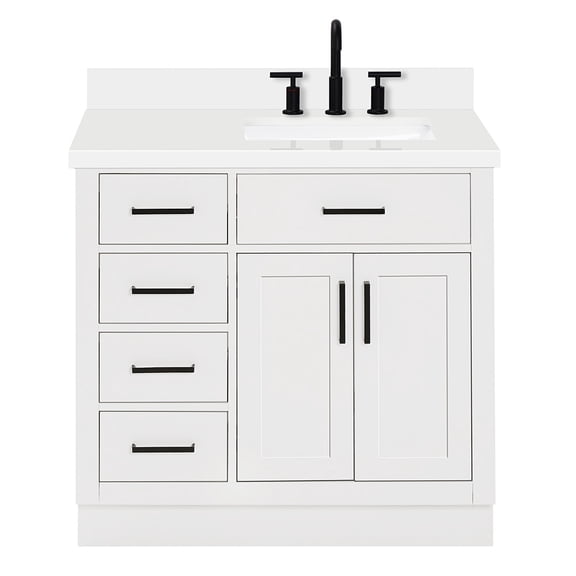 DKB Isabella 36-Inch White Bathroom Vanity with Sink, 1.5-Inch Edge Pure White Quartz Countertop, Right Rectangular Single Sink, Solid Wood Frame, 2 Soft Closing Doors, 5 Dovetail Drawers, Toe Kick