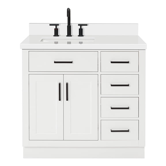 DKB Isabella 36-Inch White Single Bathroom Vanity with Sink, 1.5-Inch Edge Quartz Countertop, Left Offset Rectangular Sink, 2 Soft Closing Doors, 5 Dovetail Drawers, Solid Wood, Toe Kick