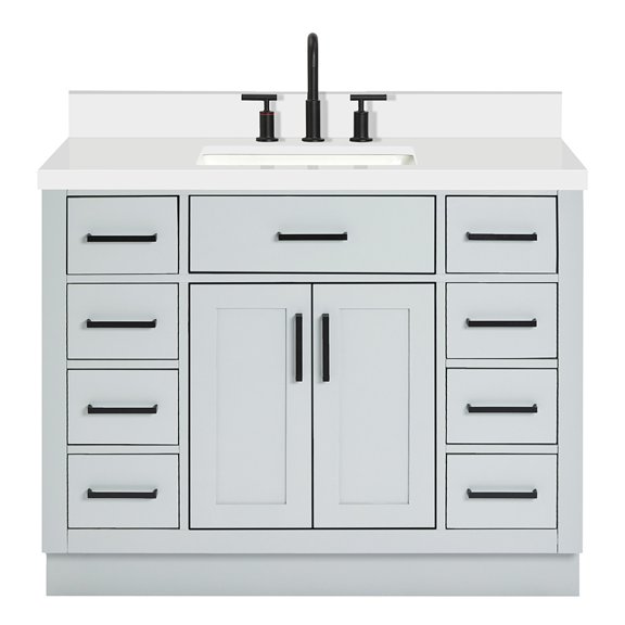 DKB Isabella 42-Inch Gray Single Bathroom Vanity with 1.5" Edge Pure White Quartz Countertop, Rectangular Undermount Sink, Solid Wood Frame, 2 Soft Closing Doors, 9 Dovetail Drawers, Toe Kick
