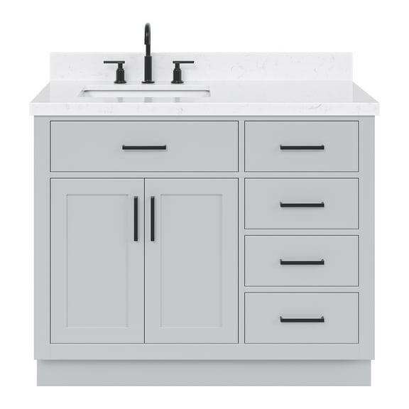 DKB Isabella 42-Inch Grey Bathroom Vanity with Sink, Solid Wood Base, Carrara White Quartz Countertop, 1.5" Edge, Left Rectangular Undermount Sink, 2 Soft-Closing Doors, 5 Full Extension Drawers