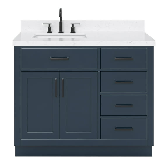 DKB Isabella 42-Inch Midnight Blue Bathroom Vanity with Sink, Solid Wood Frame, Carrara White Quartz Countertop 1.5" Edge, Left Rectangular Undermount Sink, 2 Doors, 5 Soft Close Drawers, Plinth Base