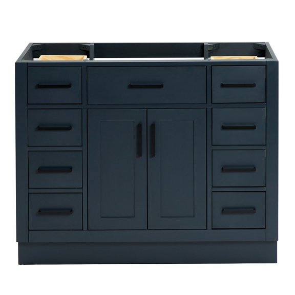 DKB Isabella 42-Inch Midnight Blue Single Bathroom Vanity Base, Solid Wood Frame, 2 Soft Closing Doors, 9 Dovetail Drawers, Toe Kick, Matte Black Hardware