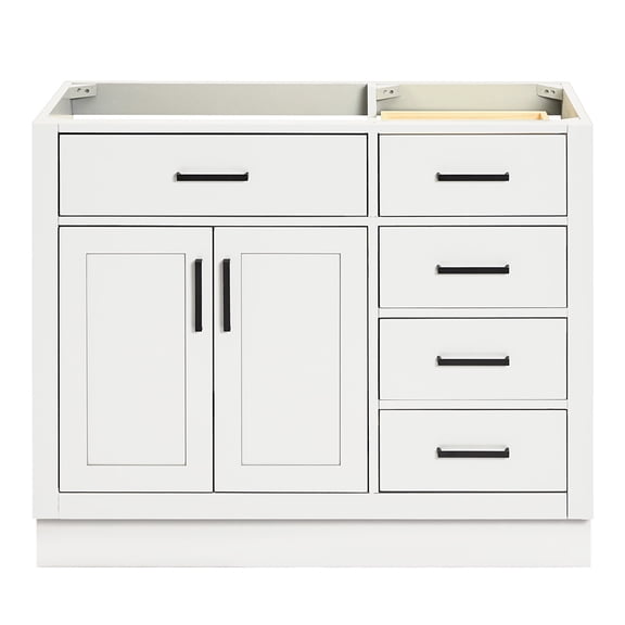 DKB Isabella 42-Inch White Bathroom Vanity Base Cabinet, Left Offset Sink Ready, 2 Soft Closing Doors, 5 Full Extension Dovetail Drawers, Toe Kick, Matte Black Hardware