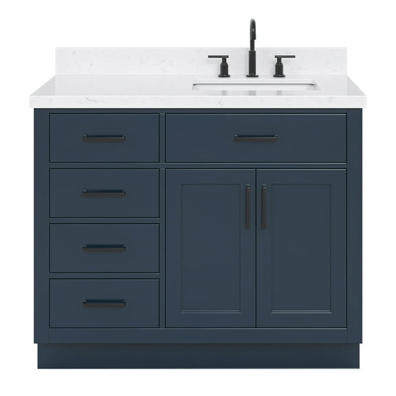 DKB Isabella 42" Midnight Blue Bathroom Vanity with Sink, 1.5" Carrara Quartz Countertop, Solid Wood Frame, Rectangular Undermount Sink, 2 Soft Closing Doors, 5 Dovetail Drawers