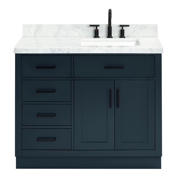 DKB Isabella 42" Midnight Blue Single Bathroom Vanity with 1.5" Italian Carrara Marble Top, Rectangular Undermount Sink, Solid Wood Frame, 2 Soft Close Doors, 5 Dovetail Drawers