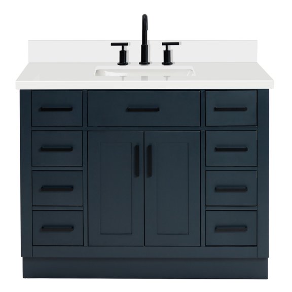 DKB Isabella 42" Midnight Blue Single Bathroom Vanity with Sink, 1.5" Pure White Quartz Countertop, Solid Wood Frame, Rectangular Undermount Sink, 2 Soft Closing Doors, 9 Dovetail Drawers