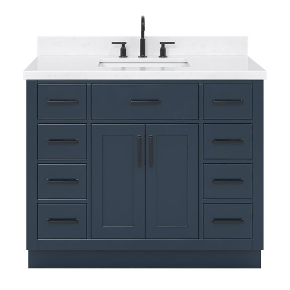 DKB Isabella 42" Midnight Blue Single Sink Bathroom Vanity, 1.5" Carrara Quartz Countertop, Rectangular Undermount Sink, 2 Soft Closing Doors, 9 Dovetail Drawers, Solid Wood Frame