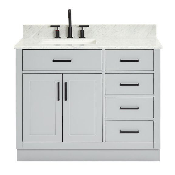 DKB Isabella 43" Grey Bathroom Vanity with Sink, Italian Carrara Marble Countertop, Rectangular Undermount Sink, 2 Soft Close Doors, 5 Dovetail Drawers