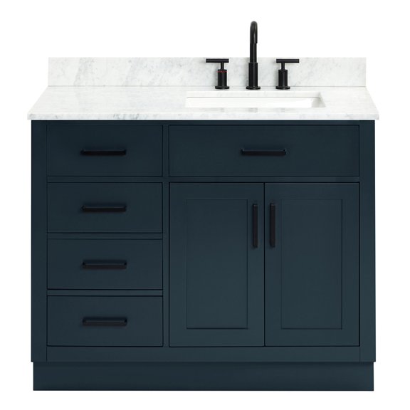 DKB Isabella 43-Inch Midnight Blue Single Bathroom Vanity with Italian Carrara Marble Top, Right Rectangular Sink, Solid Wood Frame, 2 Soft Closing Doors, 5 Full Extension Dovetail Drawers, Toe Kick