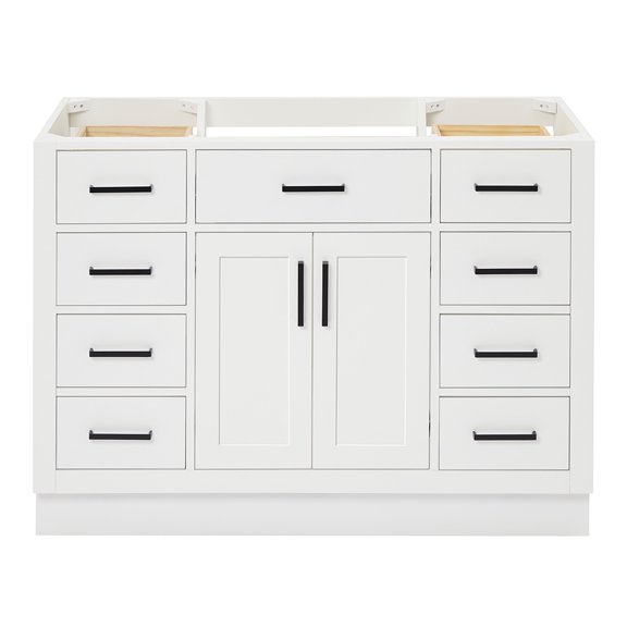 DKB Isabella 48-Inch White Single Bathroom Vanity Base Cabinet, 2 Soft Closing Doors, 9 Full Extension Dovetail Drawers, Toe Kick, Matte Black Hardware