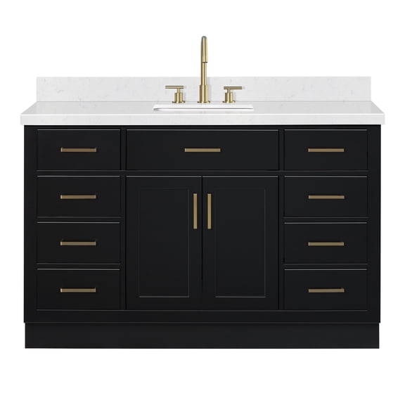 DKB Isabella 54-Inch Black Bathroom Vanity, Rectangle Sink, Carrara White Quartz Countertop 1.5" Edge & 4" Backsplash, Soft-Close, Solid Wood, Full-Extension Dovetail Drawers