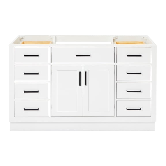 DKB Isabella 54-Inch White Single Bathroom Vanity Base Cabinet, Solid Wood Frame, 2 Soft Closing Doors, 9 Full Extension Dovetail Drawers, Toe Kick, Matte Black Hardware