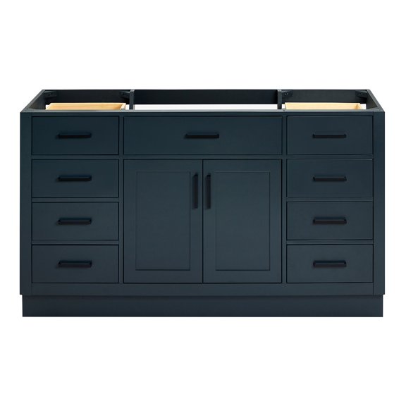 DKB Isabella 60-Inch Midnight Blue Single Bathroom Vanity Base Cabinet, Solid Wood Frame, 2 Soft Closing Doors, 9 Dovetail Drawers, Toe Kick, Matte Black Hardware