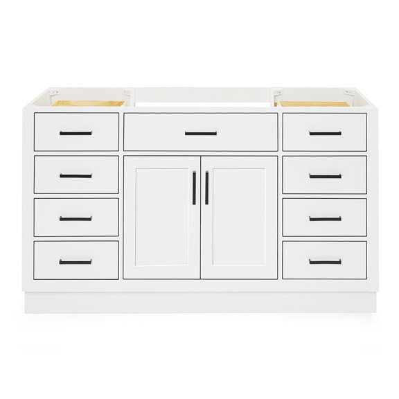 DKB Isabella 60-Inch White Single Bathroom Vanity Base Cabinet, Solid Wood Frame, Matte Black Hardware, 2 Soft Closing Doors, 9 Dovetail Drawers, Toe Kick