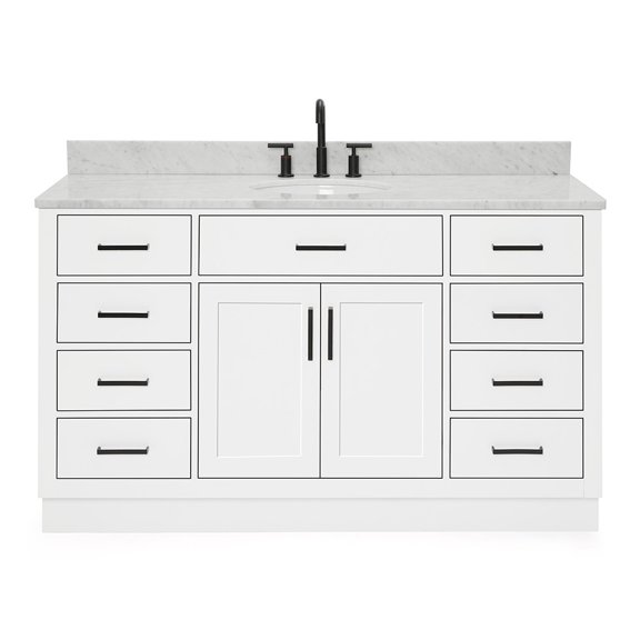 DKB Isabella 61-Inch White Bathroom Vanity with Italian Carrara Marble Countertop & Backsplash, Center Oval Sink, 2 Soft Closing Doors, 9 Dovetail Drawers, Toe Kick, Matte Black Hardware