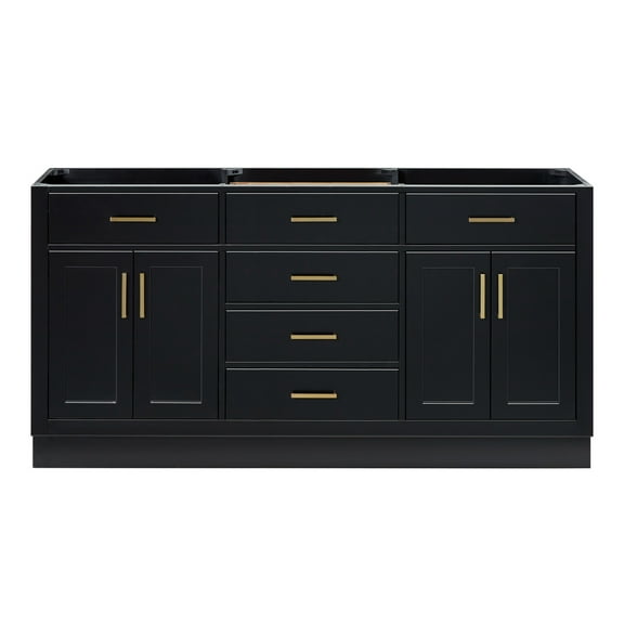 DKB Isabella 66-Inch Black Double Bathroom Vanity Base Cabinet, Solid Wood Frame, Soft Close Doors & Drawers, Tilt-Down Top Drawer, Fully Assembled, No Countertop or Sink