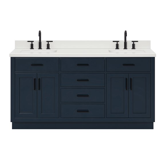 DKB Isabella 66" Midnight Blue Double Bathroom Vanity, 1.5" Edge Pure White Quartz Countertop, Rectangular Undermount Sinks, 4 Soft Closing Doors, 6 Full Extension Dovetail Drawers